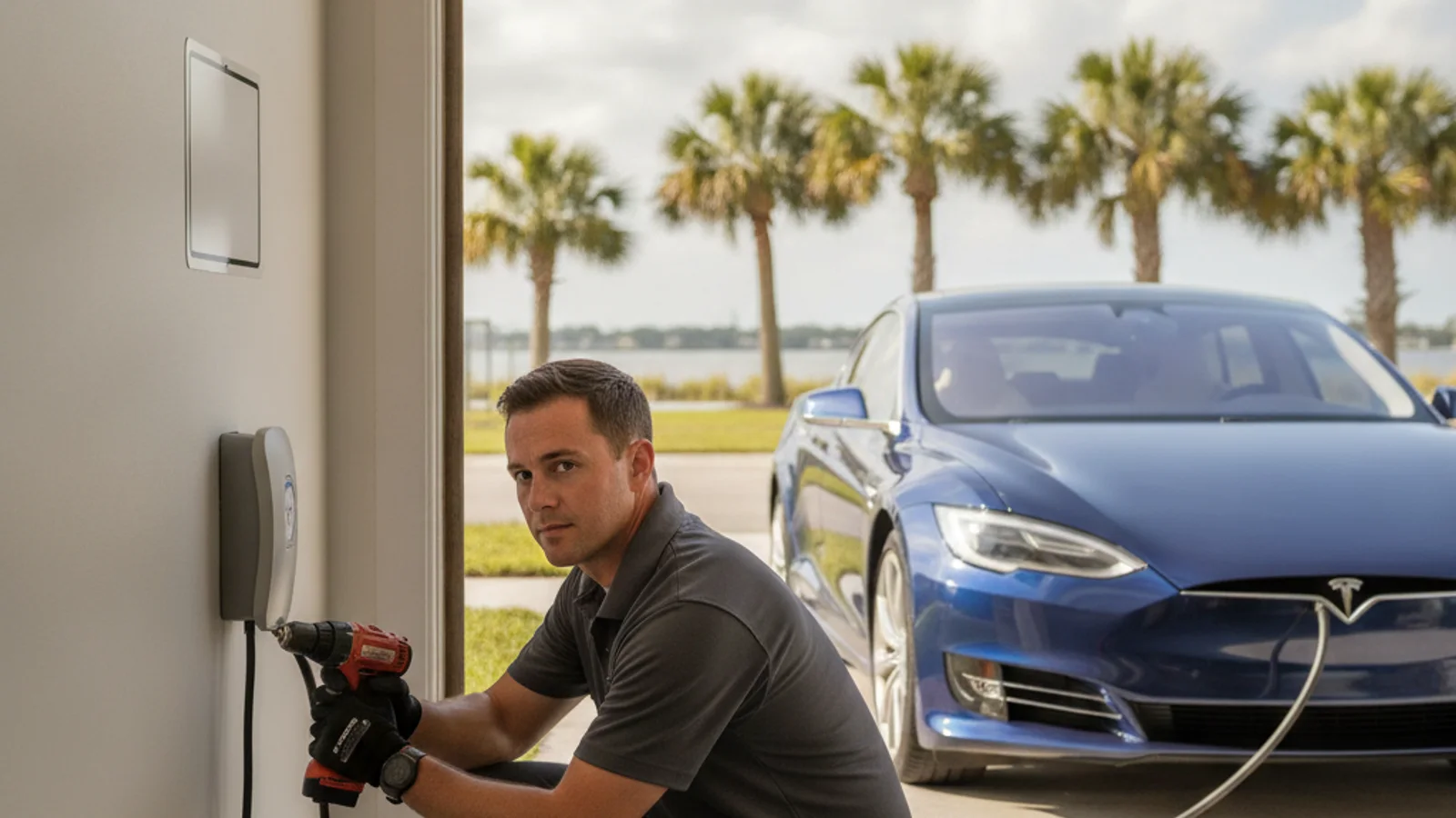 A driver looking at a dashboard display in a sedan on a sunlit Florida road