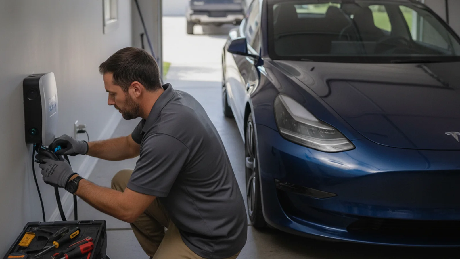 A mechanic pointing at a small battery under the hood of a sedan in a garage