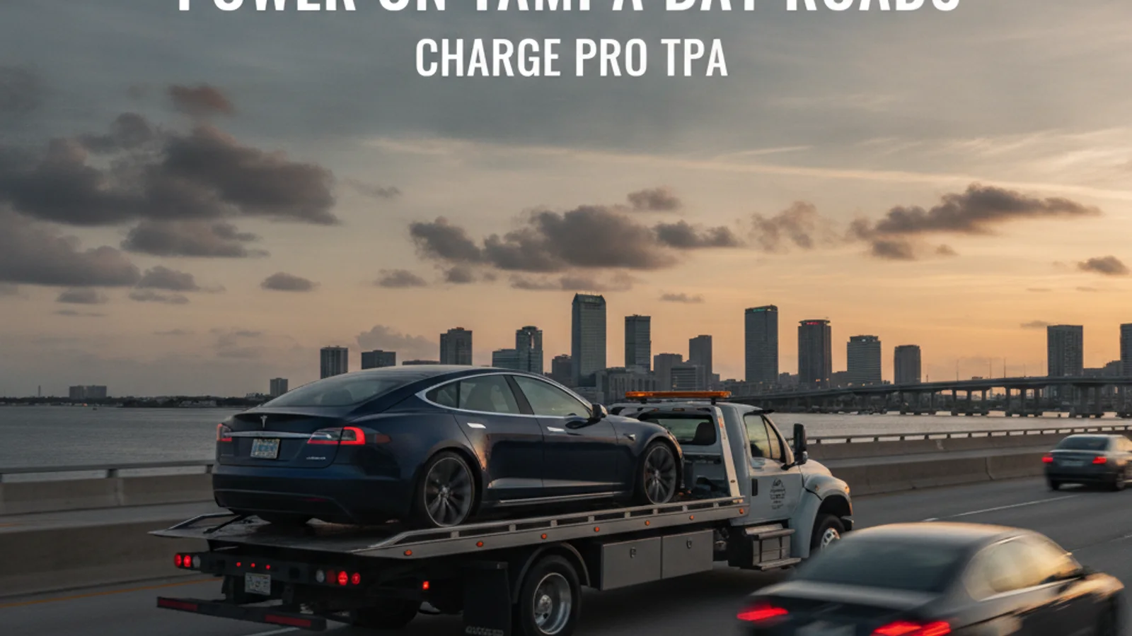 A flatbed tow truck carrying a sedan across a long causeway at dusk