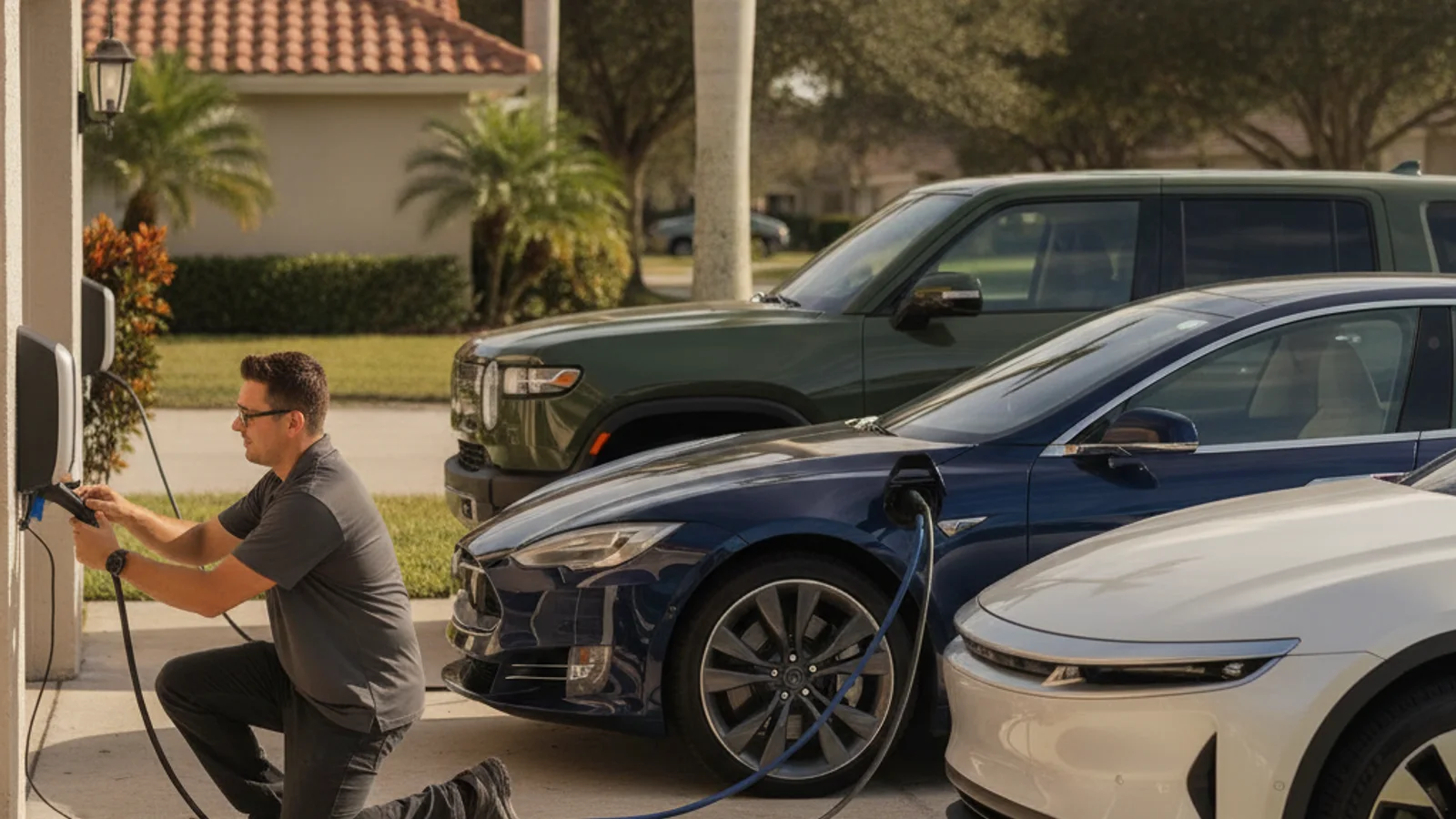 Two electric SUVs parked at a charger in a sunlit lot