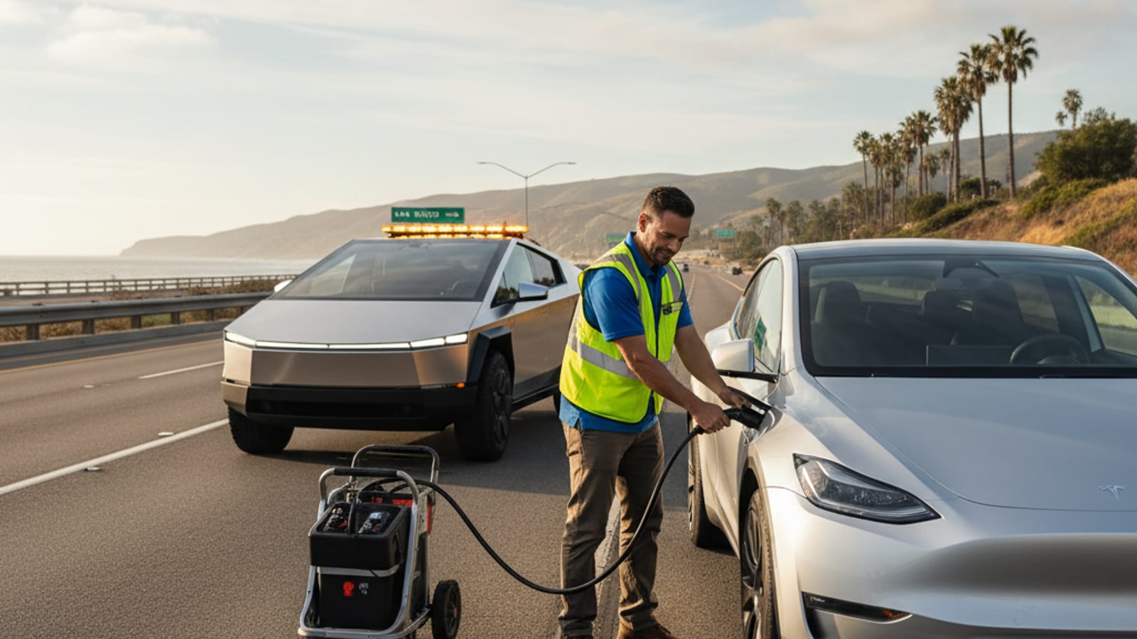 Electric sedan parked on a paved shoulder with its charge-port door open