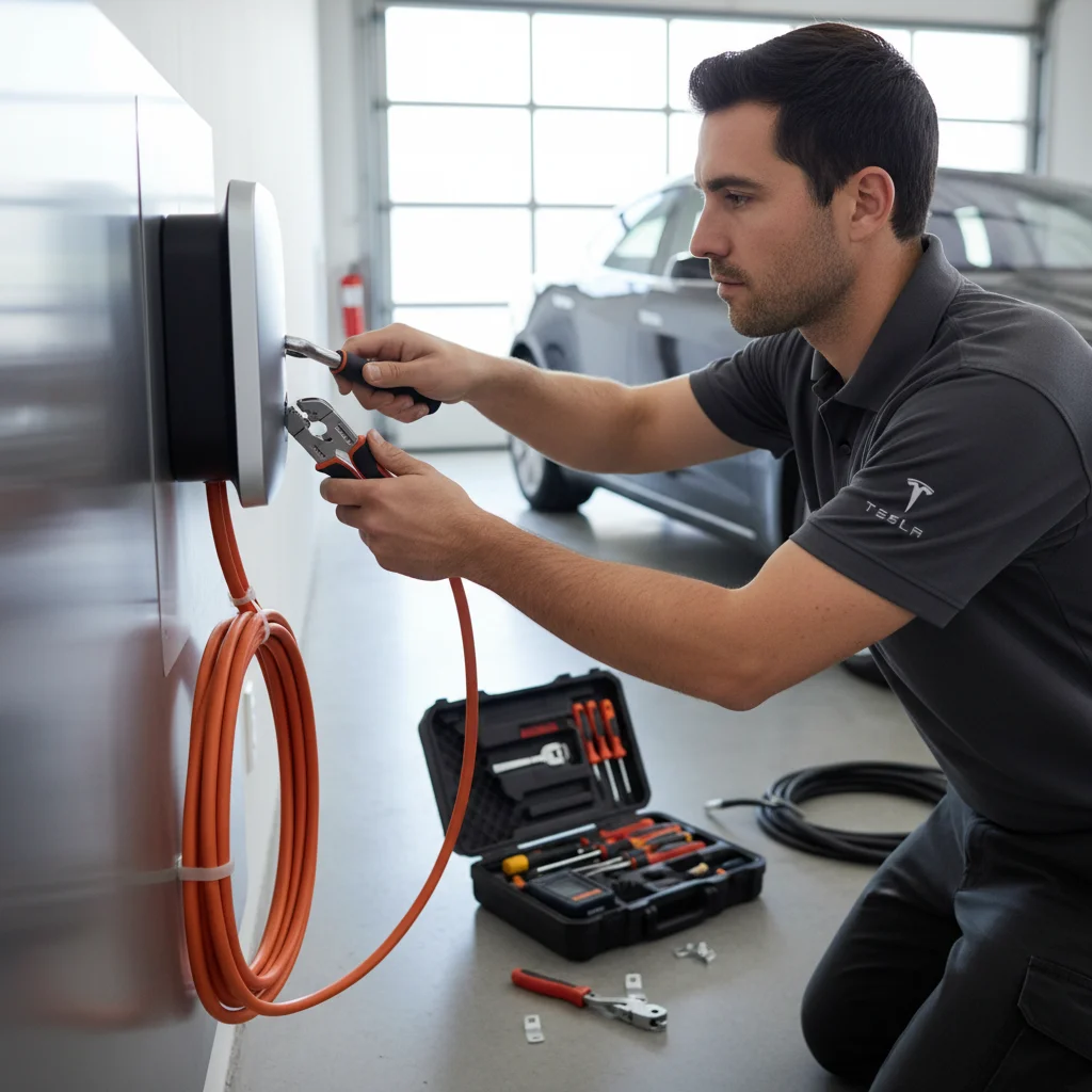 Gloved hands plugging a charging connector into an electric car charge port