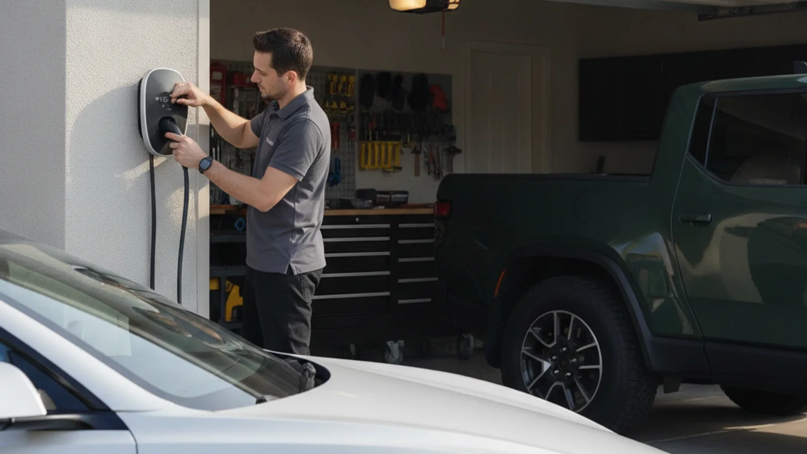 A Tesla with its charge port open next to a mobile charging truck at the side of a road