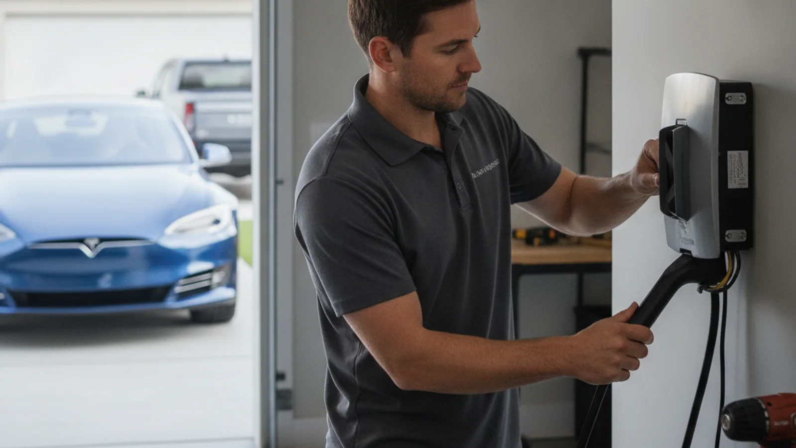 A driver reading a phone screen while standing next to a sedan with hazards on