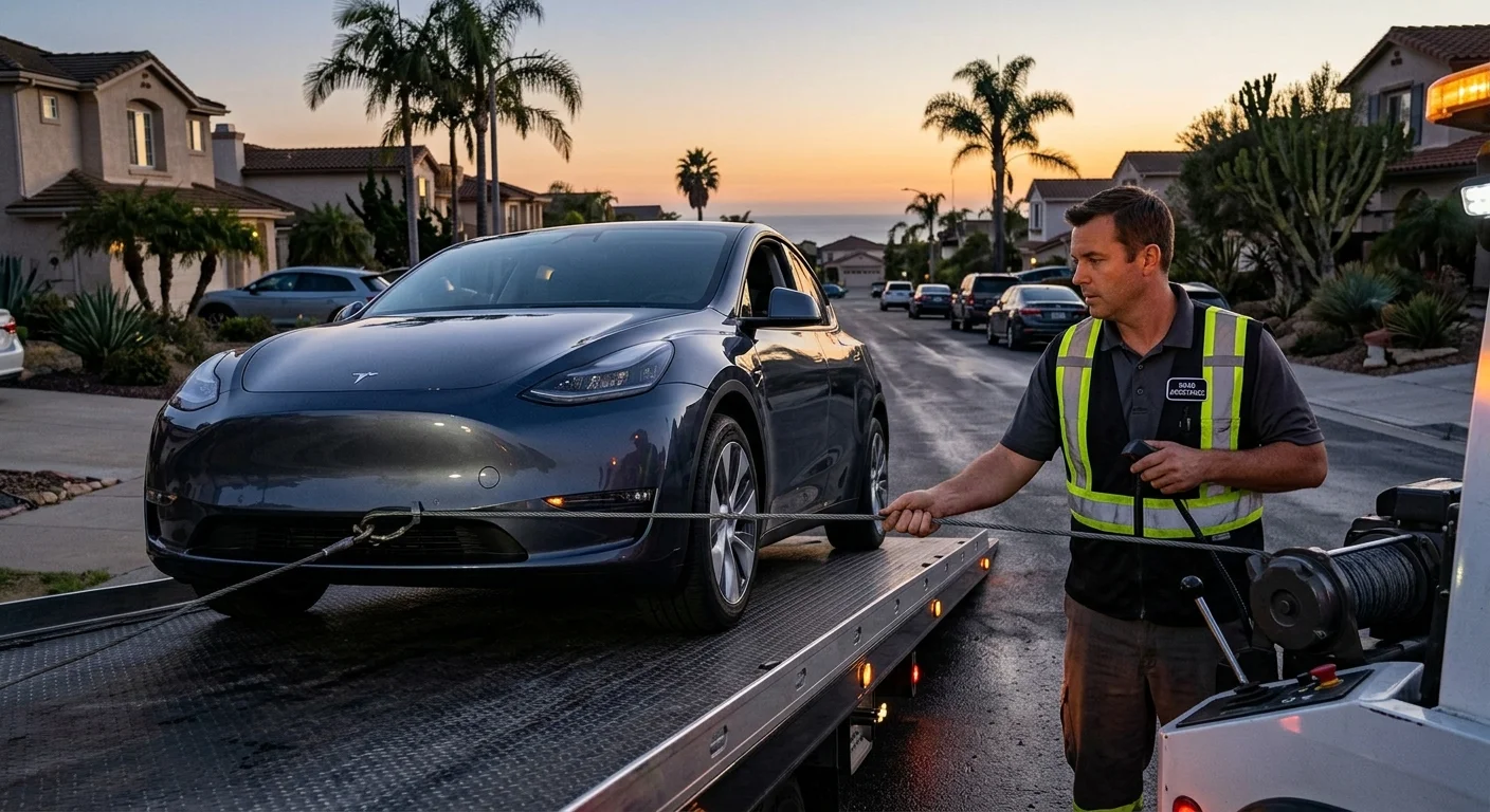 A Tesla being winched onto a flatbed at dusk, wheels straight, a technician guiding the cable.