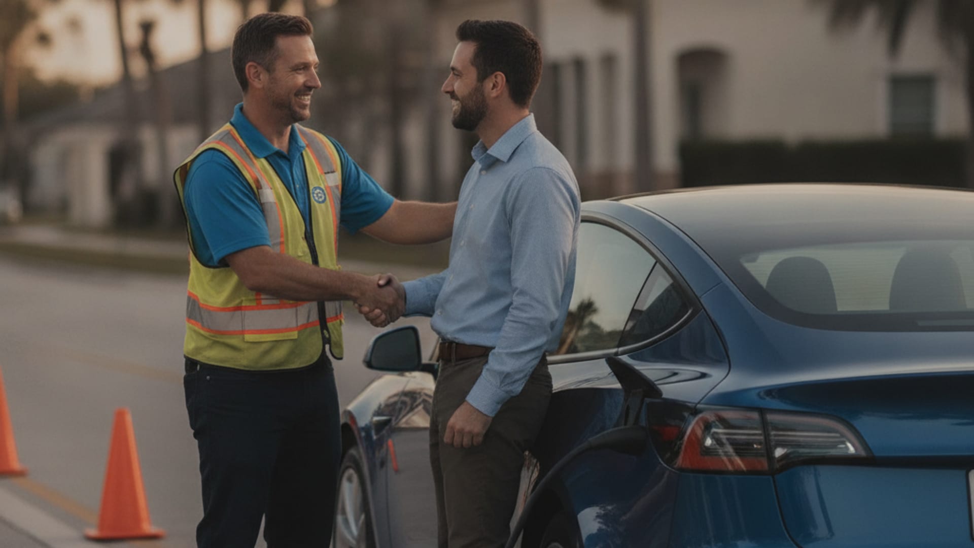 An EV driver speaking with a roadside professional beside a Tesla Model 3 in Tampa Bay