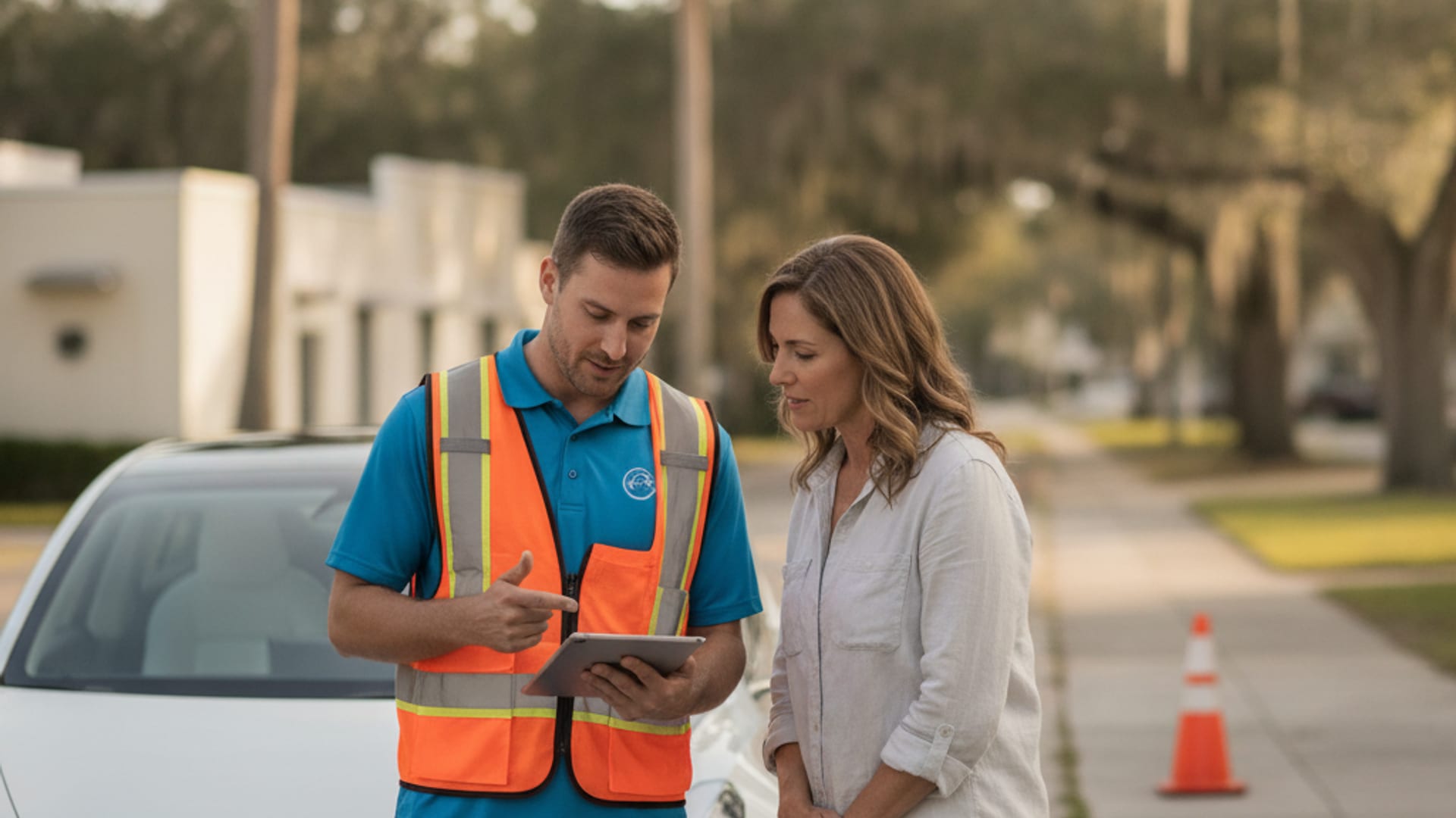 An EV driver discussing roadside options beside a Tesla Model 3
