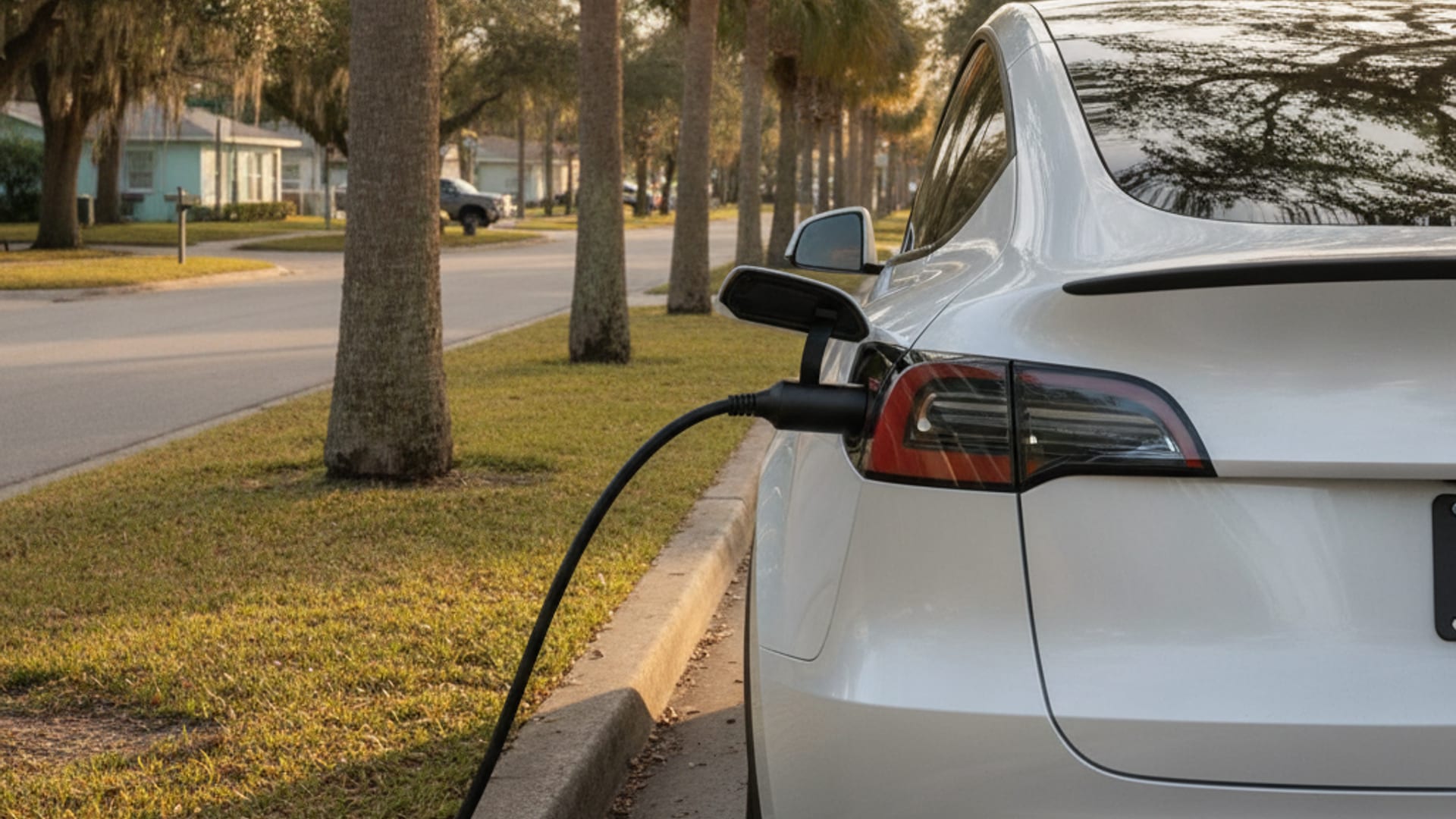 Mobile charging cable connected to a Tesla Model Y on a Tampa Bay street