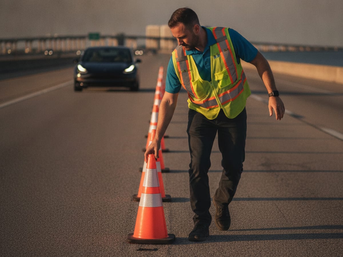 Roadside safety cones placed near an electric vehicle in Tampa Bay