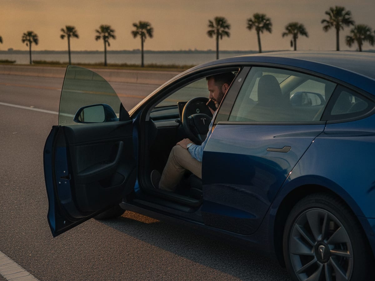 Electric vehicle stopped at a safe roadside location in Tampa Bay