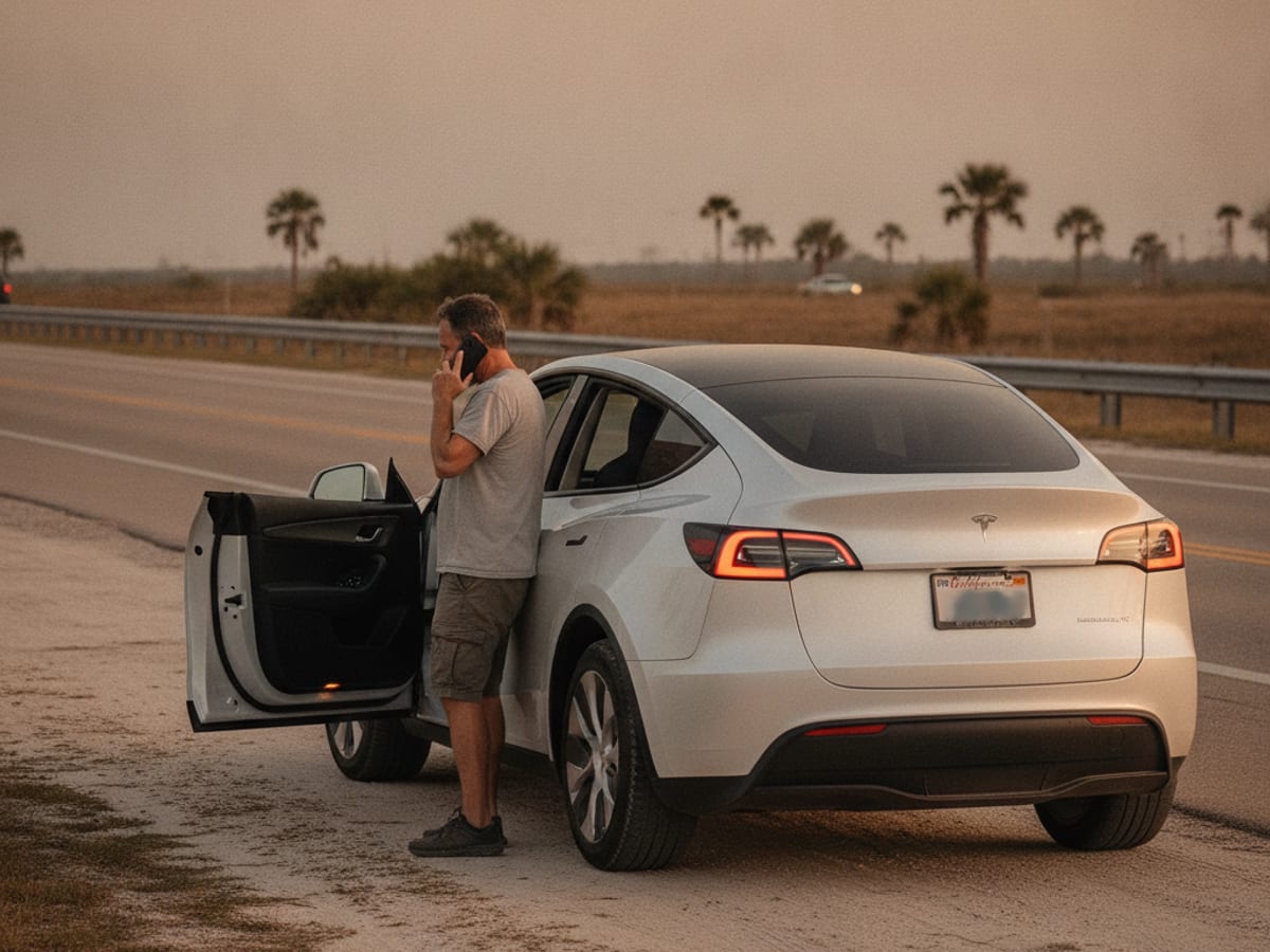 Mobile charging cable connected to a Tesla at a safe roadside location in Tampa Bay